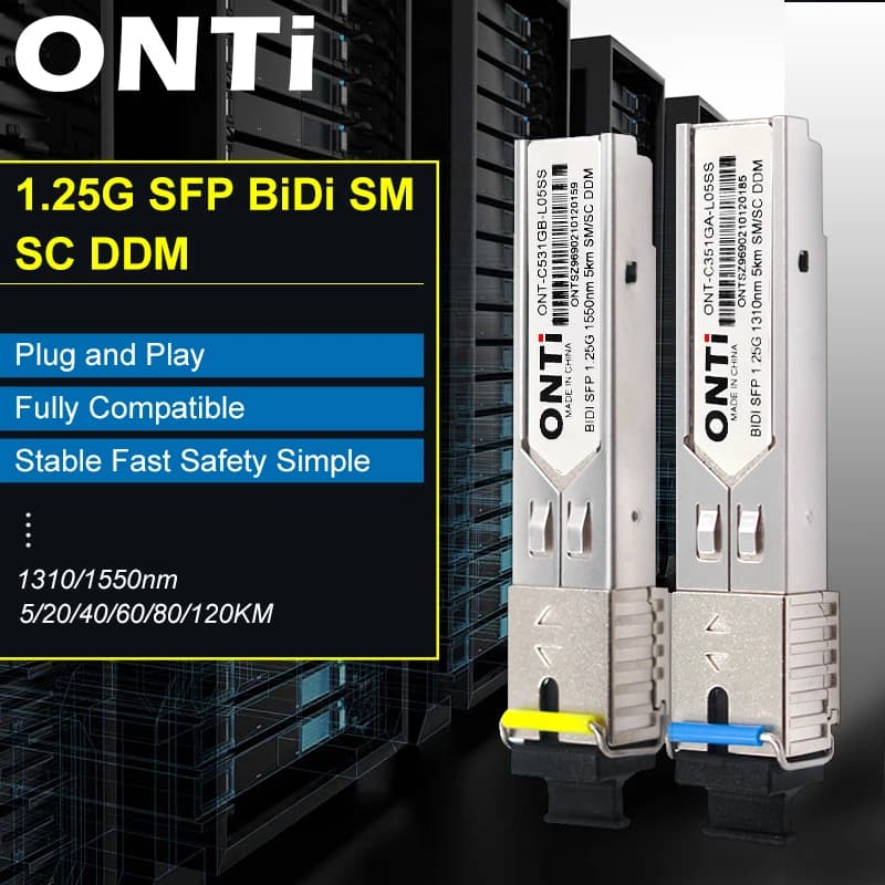 Modulo SFP WDM ONTi 1.25G BIDI con Connettore SC, Ricetrasmettitore Ethernet in Fibra Ottica Monomodale Gigabit Compatibile con Switch Cisco
