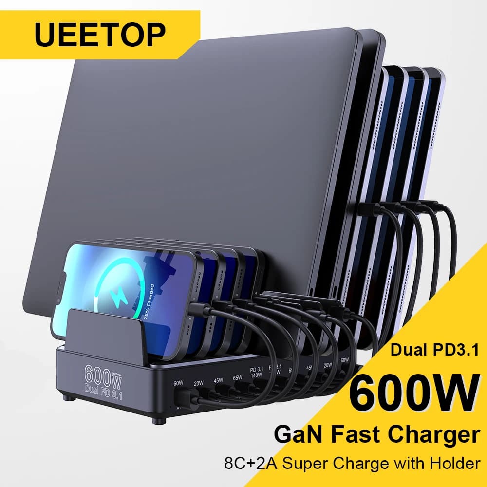 Ueetop Caricatore rapido multi USB da 600 W Stazione di ricarica GaN PD 3.1 a 10 porte Supporto per MacBook iPhone 16 15 iPad Samsung Tablet Laptop