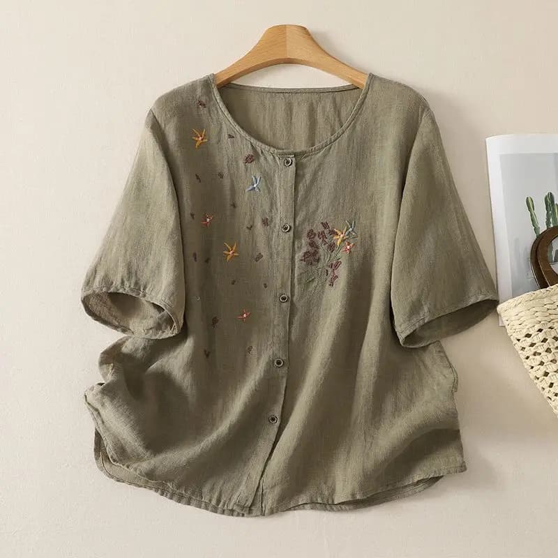Women's plus Size Cotton Linen Embroidered Loose Short Sleeve T-Shirt Summer New Style Slimming Base Shirt Comfortable Breath...