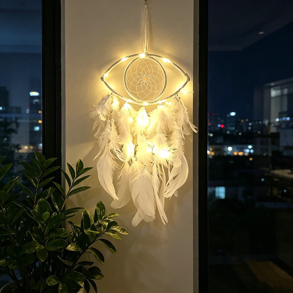 Pure White All Seeing Eye Glowing Dreamcatcher LED Lights Hand Woven Feather Tassel Wall Hanging Home Meditation Decor Ornament