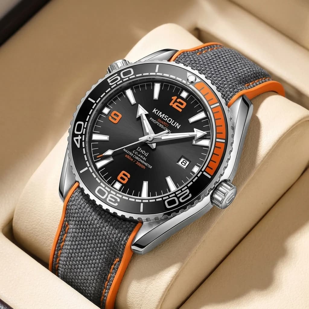 Orologio sportivo da uomo, 1 pezzo, con quadrante nero, accenti arancioni, cinturino in tela, design semplice, versatile per l'uso quotidiano