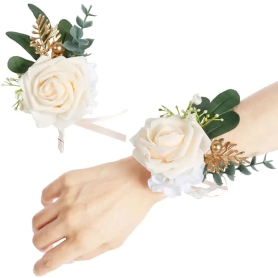 Rose Wrist Corsage Bracelet Wristlet Band and Men Boutonniere Set Artificial Flowers Corsage Wristband Boutonniere Set for Wedd