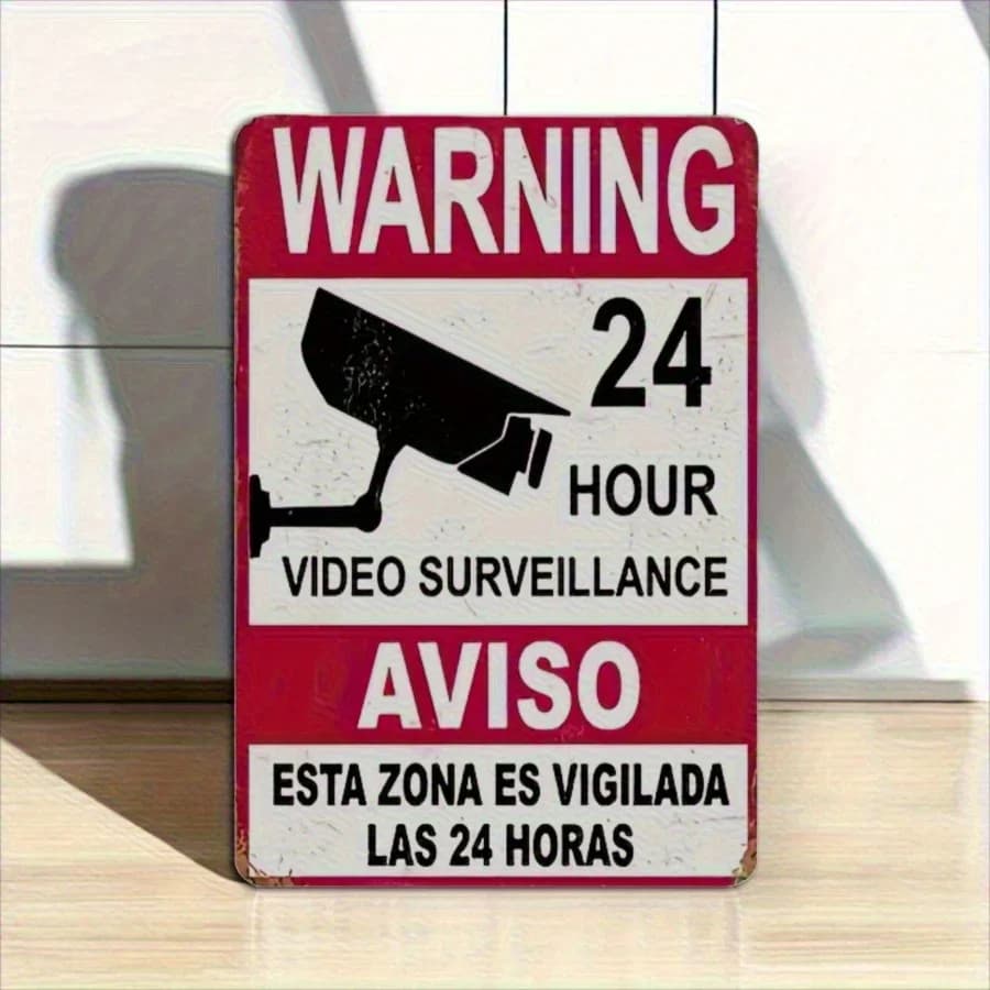 Segnale di avvertimento per telecamere di sicurezza - Bilingue inglese/spagnolo - Struttura in ferro resistente - Grafica telecamera di sicurezza - (20,32x