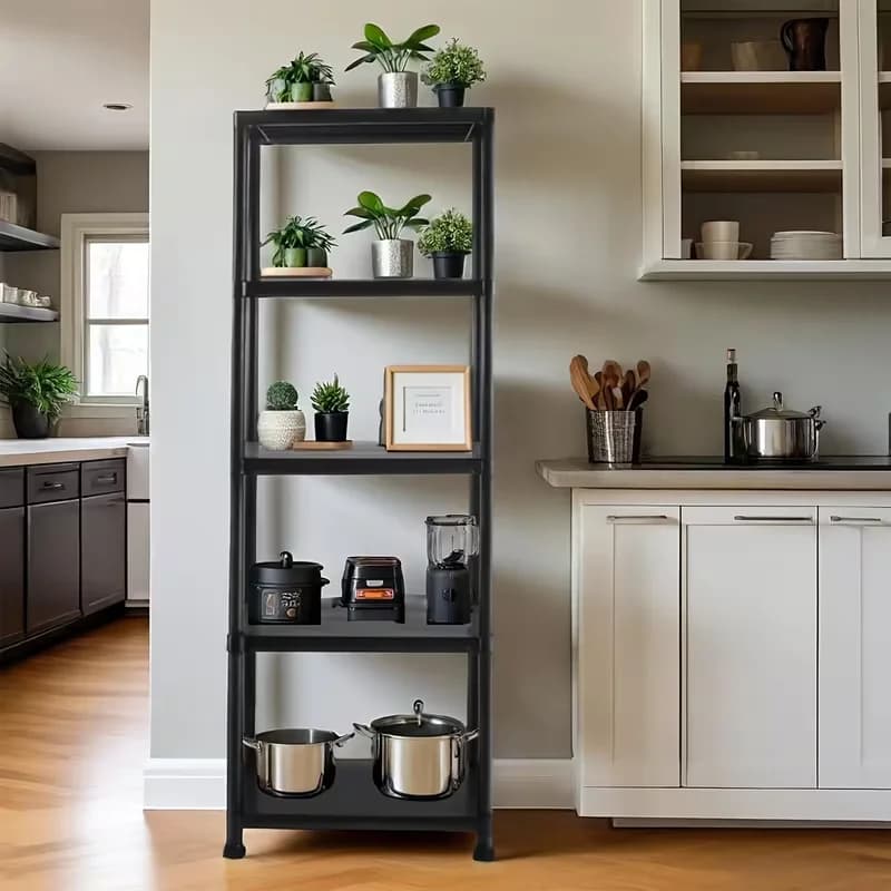Black Plastic Storage Shelves at 5 shelves, Resistant Adjustable Unit, Home Robust Organizer, Kitchen, basement, Garage, Storage