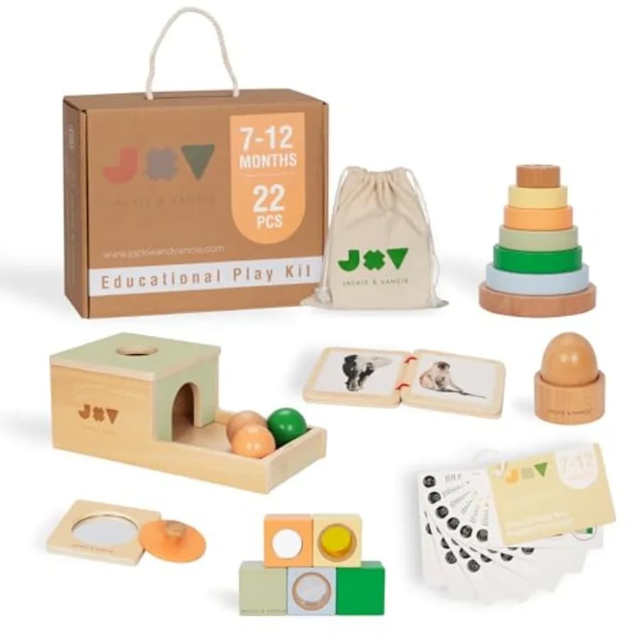Set di Giocattoli Montessori per Neonati 7-12 Mesi, Kit di Gioco 6-in-1 in Legno con Scatola per la Permanenza dell'Oggetto, Anelli Impilabili, Uovo e C