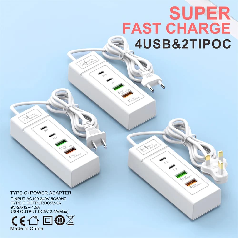 Caricatore USB C 4 in 1 con presa multipla, ricarica rapida, adattatore da parete per iPhone, Samsung, Xiaomi, Huawei, Quick Charge 3.0