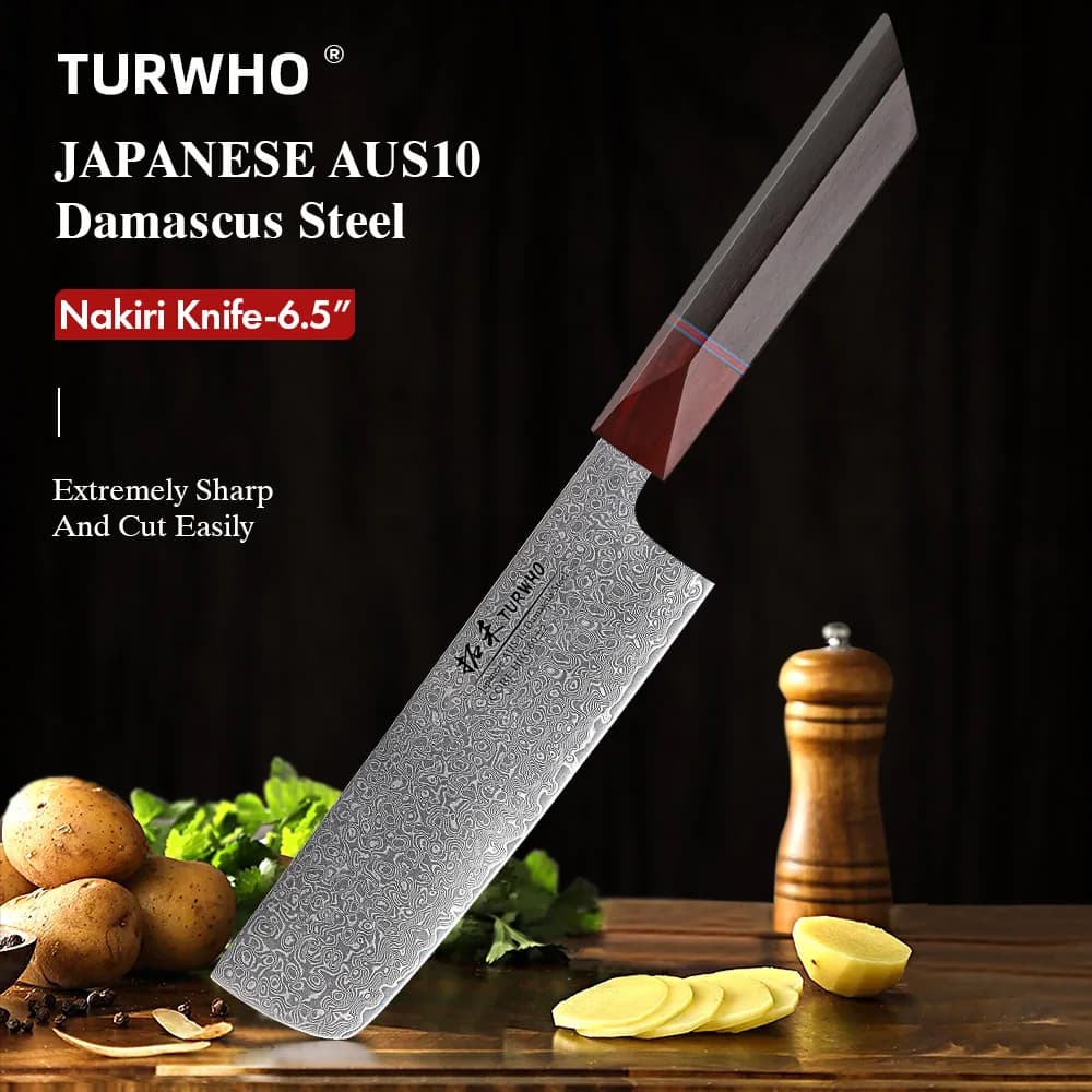TURWHO 6.5 inch Nakiri knife in Damascus steel Japanese chef knives forged by hand kitchen to slice vegetables Mannaia Cooking tools