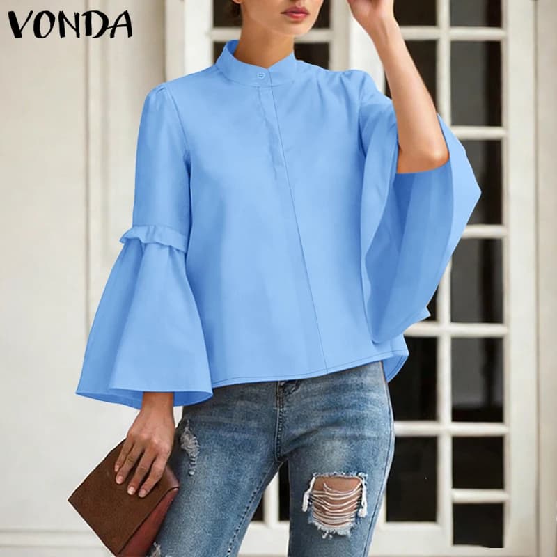 VONDAPlus Size 5XL 2026 Women's Shirts Solid Color with Sleeves Long Bell, Blusa Elegant Casual for Office, Autumn Spring