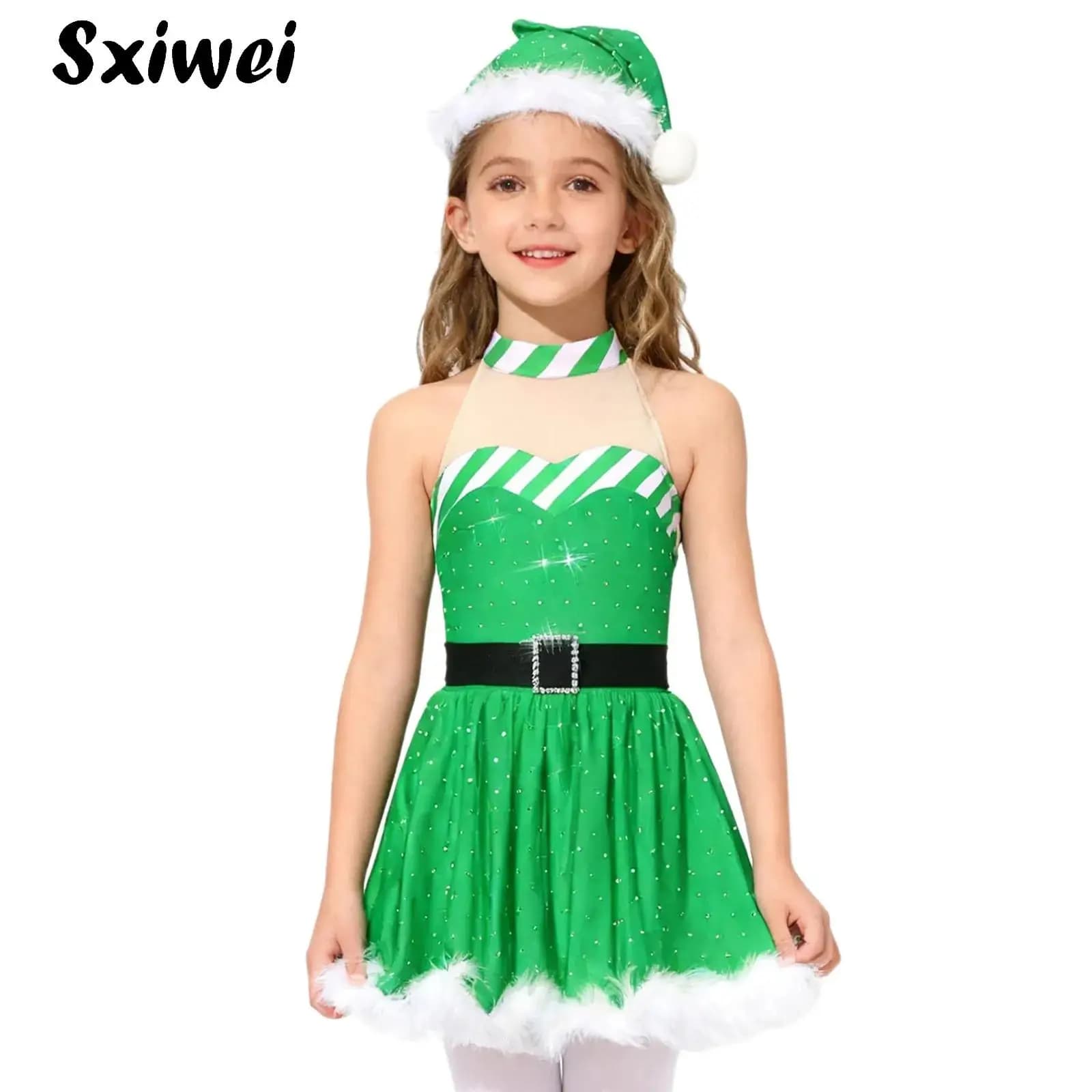 Costumi da ballo per elfi di Natale per ragazze per bambini, senza maniche, con strass, vestito da tutu, body da balletto, pattinaggio su ghiaccio, festa di Natale, abbigliamento da ballo