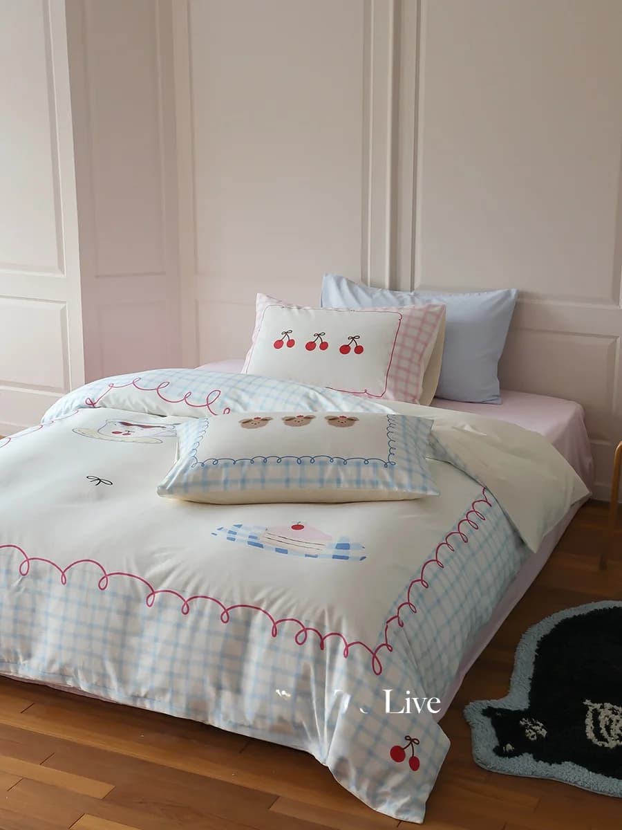Cotton 4 Pieces Pure Bed Linen Set, Soft Fabric with Cartoon Motives, Spring Style and Summer for Girls, Bed Sheets, Wallet, Canopy, Insty Style