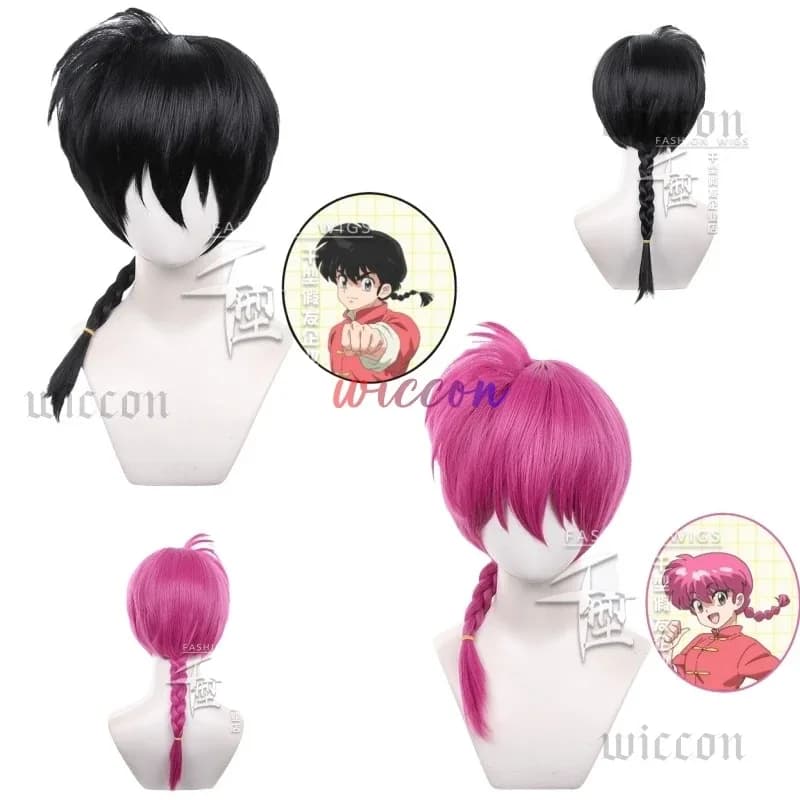 Anime 1/2 Cosplay Ranma Capelli corti neri e rossi Parrucche per giochi di ruolo per feste di Halloween + cappuccio per parrucca gratuito;4.f'7;j,3'