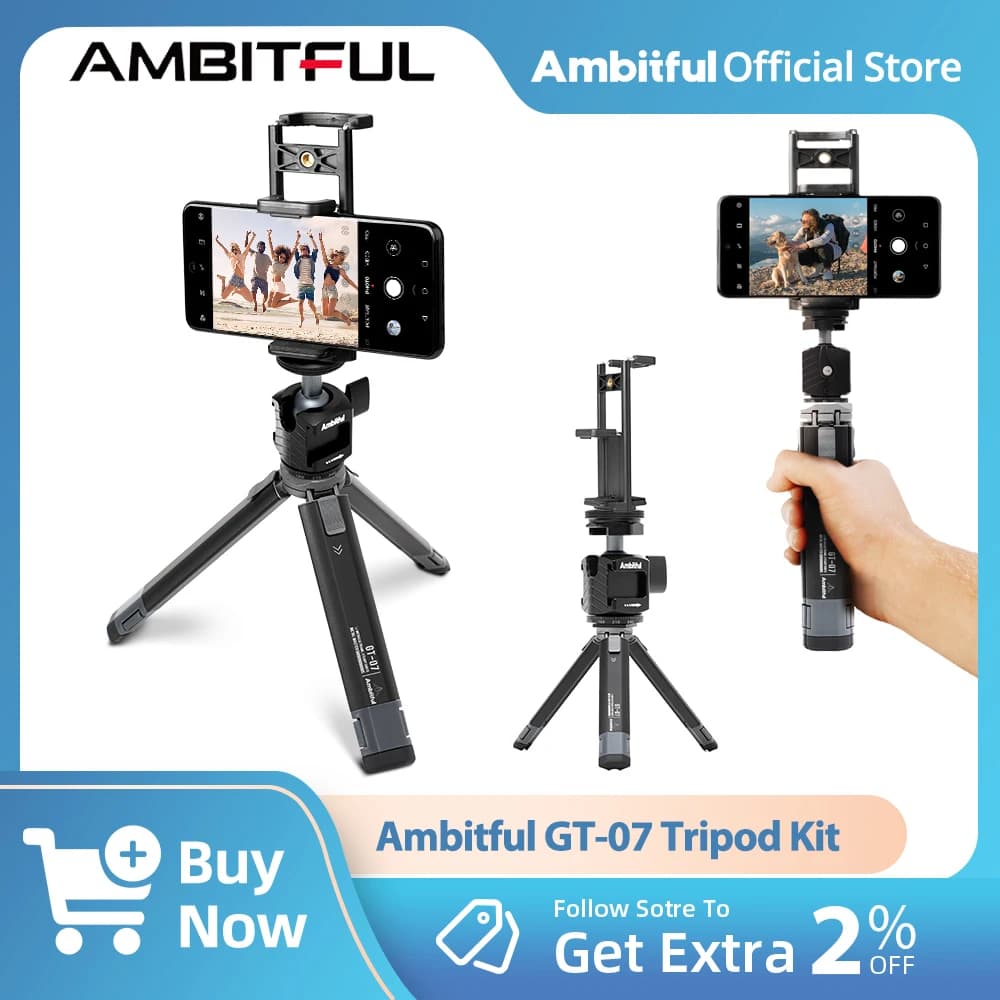 AMBITFUL GT07 Supporto per treppiede Treppiede da tavolo in metallo con supporto per telefono con testa a sfera per smartphone Sony Canon Nikon DSLR Camera