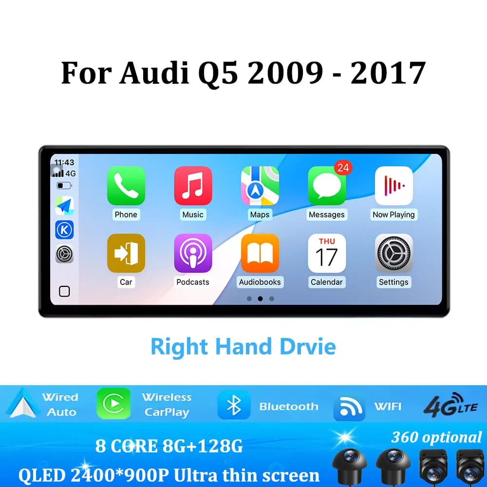 Navigatore GPS Android 16 con schermo QLED da 10.33"12.3" per guida a destra, per Audi Q5 2009 - 2017, autoradio multimediale con CarPlay wireless.