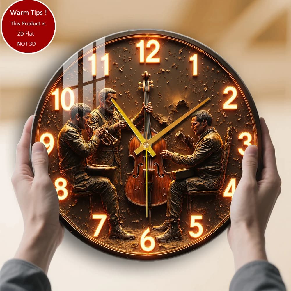 Tempered glass wall clock, musicians playing instruments on the clock, suitable for wall decorations or table displays everywhere