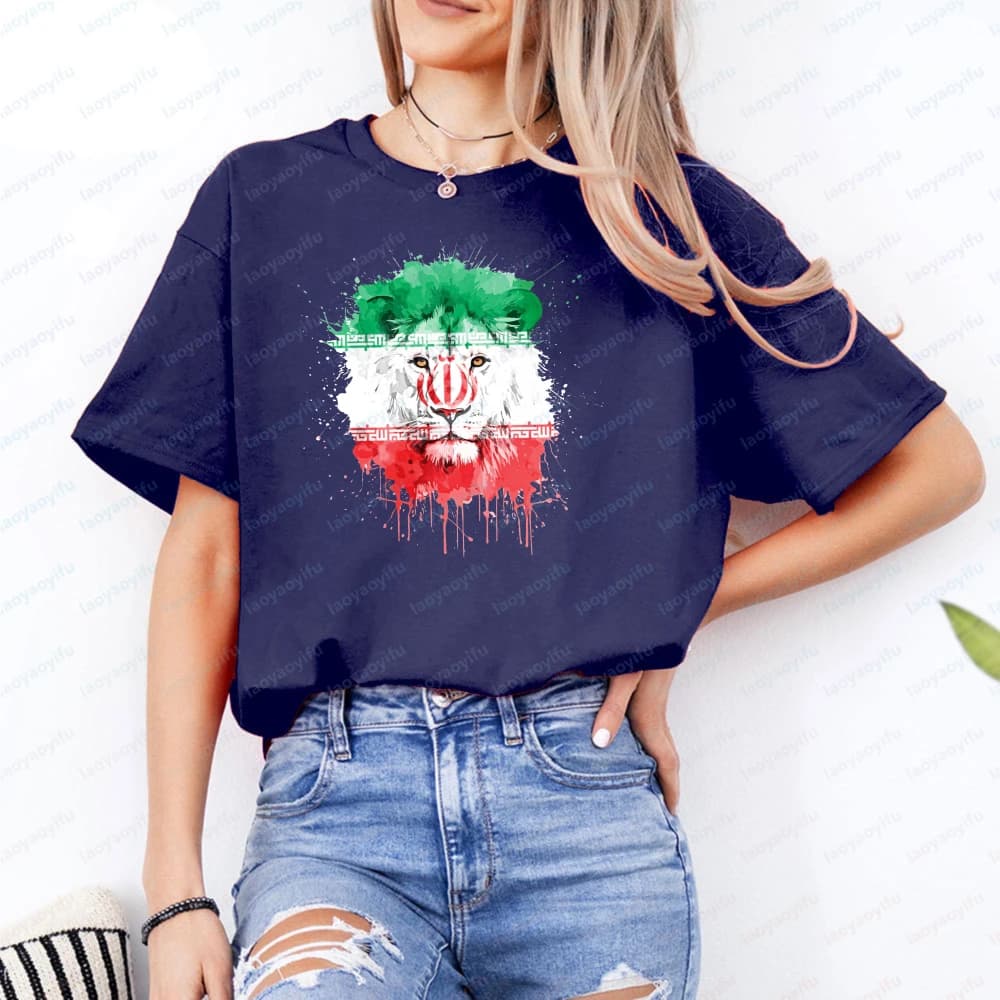 Maglietta con Stampa Leone e Bandiera Iraniana, Regalo per Lei, Abbigliamento Estivo, T-Shirt da Donna in Cotone a Maniche Corte, Collo Tondo, Casual, Unisex, Moda