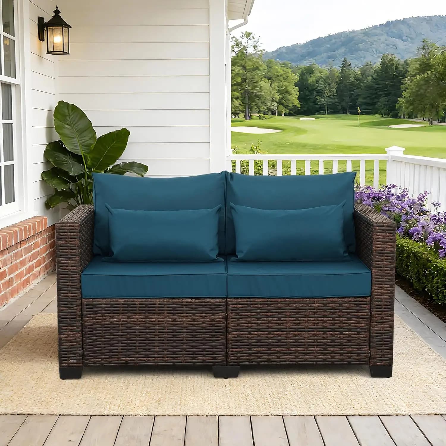 Divanetto a 2 Posti in Rattan per Esterni, Mobili da Giardino con Cuscini Antiscivolo, Cuscino Lombare e Copertura Impermeabile, Personalizzabile