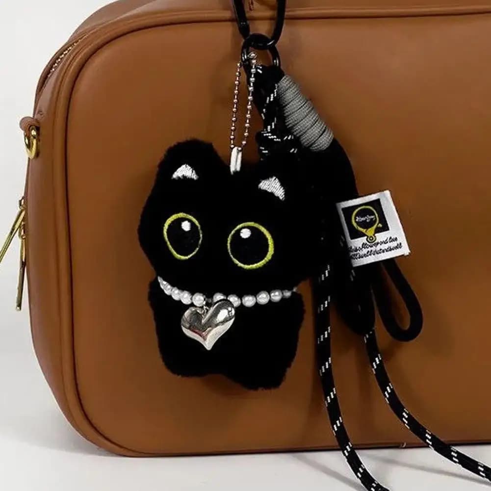 Cute Black Cat Plush Keychain, Funny Kitten Bag Pendant Charm, Quirky Car Keyring Accessory, Creative Gift for Couples