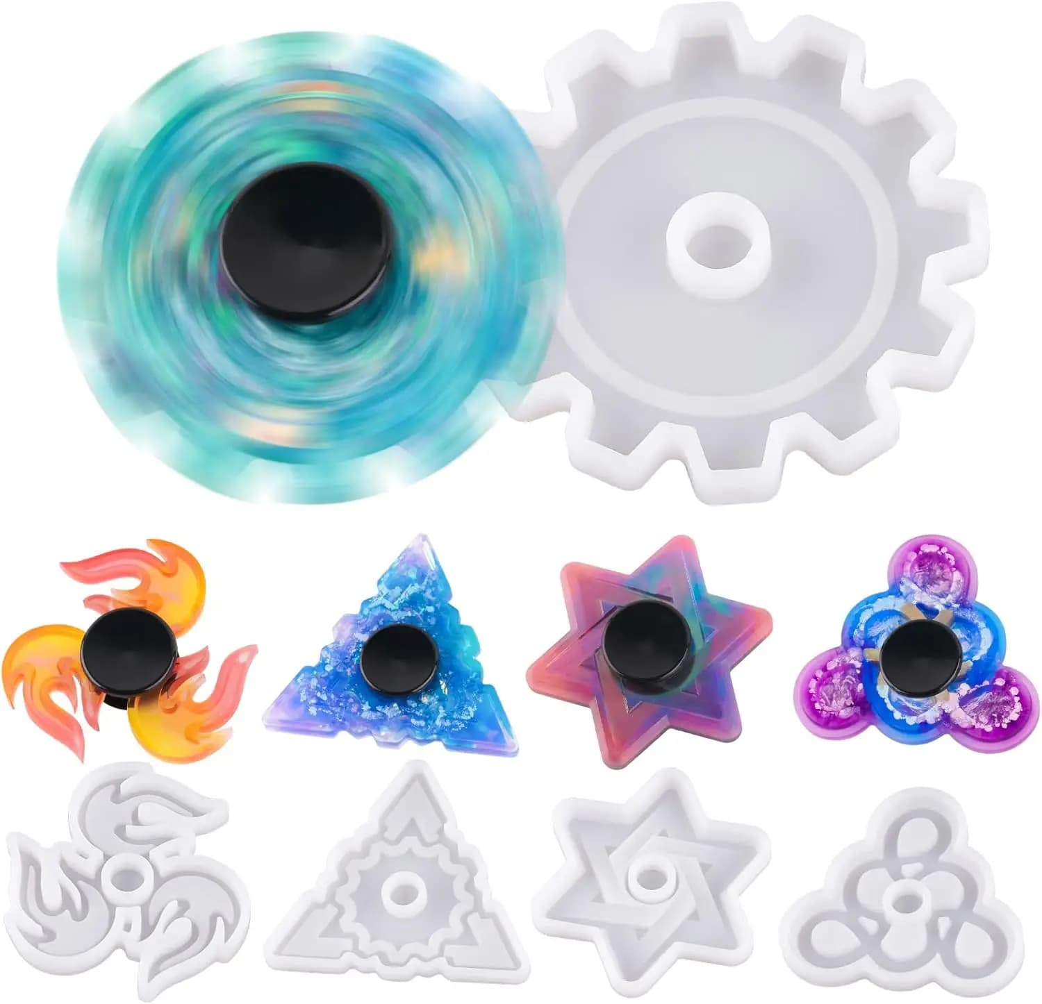 Kit Fai-da-Te per Fidget Spinner in Resina Epossidica, 5 Stampi in Silicone con Set di 10 Cuscinetti, Giocattolo Antistress Regalo per Bambini e Adulti, Artigianato Artistico