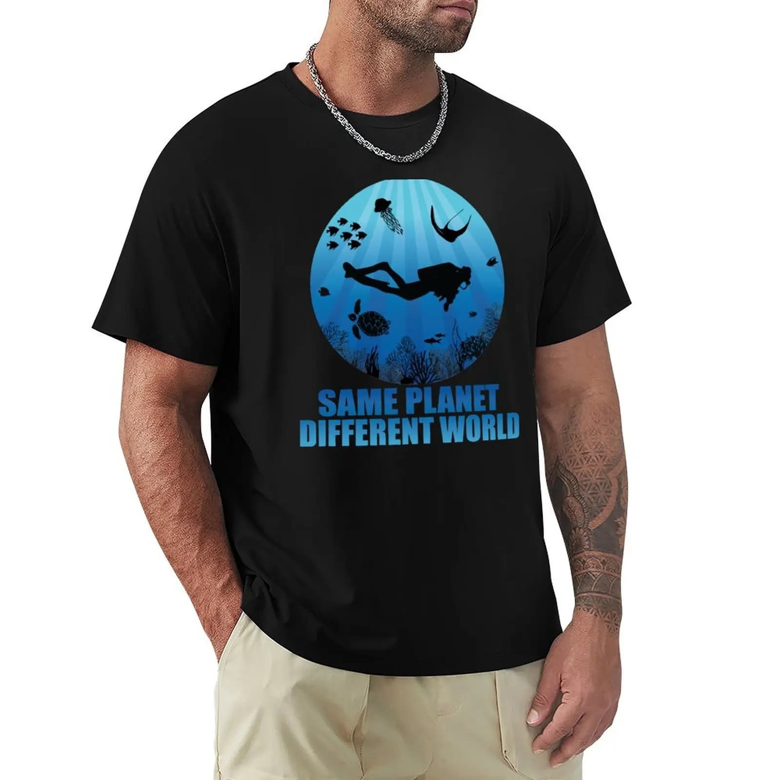 Same Planet Different World Deep Water Diving T-Shirt Soft Casual Short Sleeve Cotton Tee