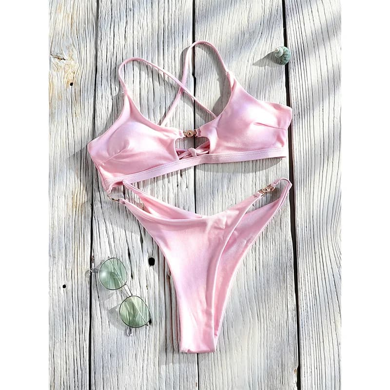 High Cut Swimwear Pink Solid Bikini String Bikinis Push Up Swimsuit Sexy Swimsuit Summer Bathing Suit Two-Piece Beachwear