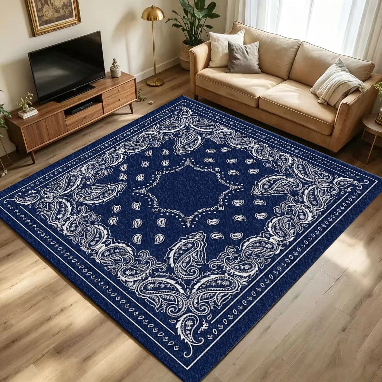 Navy Blue White Paisley Bandana Area Rug Non Slip Washable Retro Western Style Floor Carpet