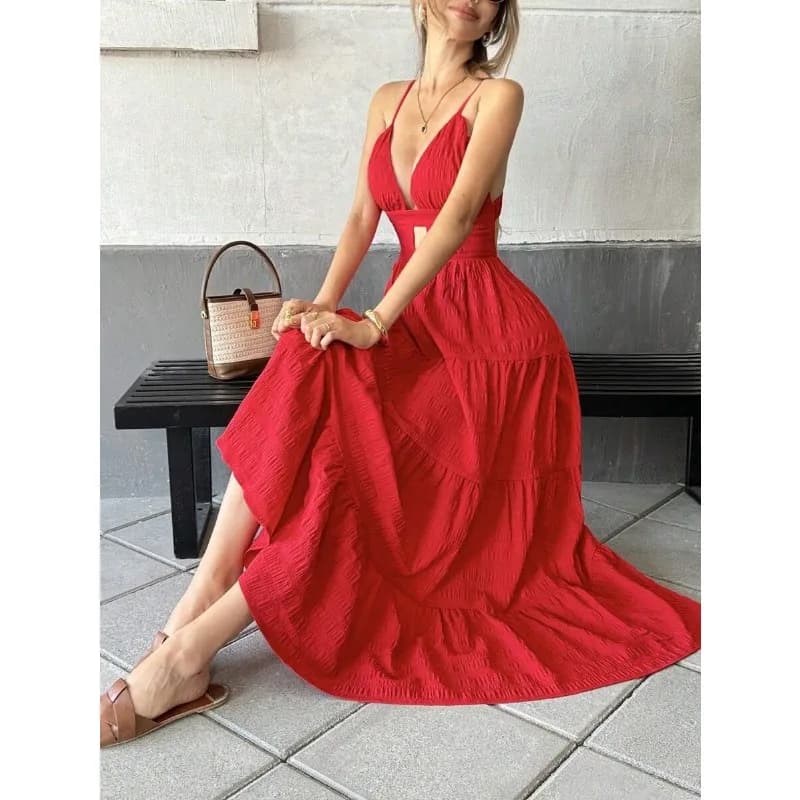 Abito sexy rosso con bretelle e scollo a V