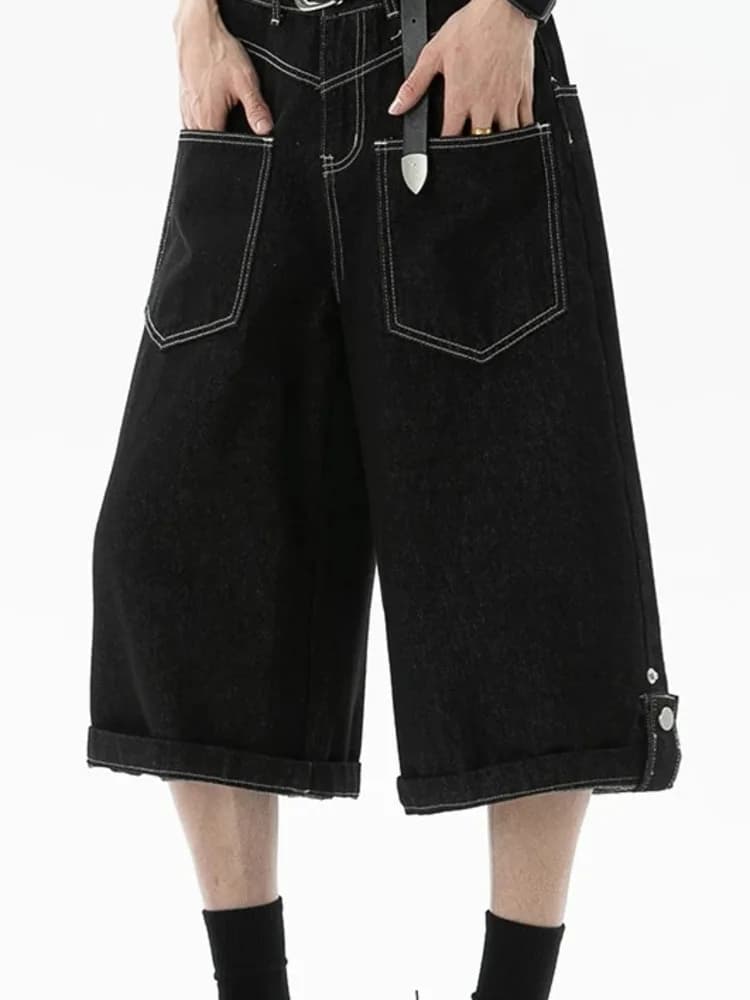 Twoway Hem Summer Buckle Raw Men's Denim Shorts American Style Cropped Knee Length Jeans 2026 New Wide Led Bottoms MCV9