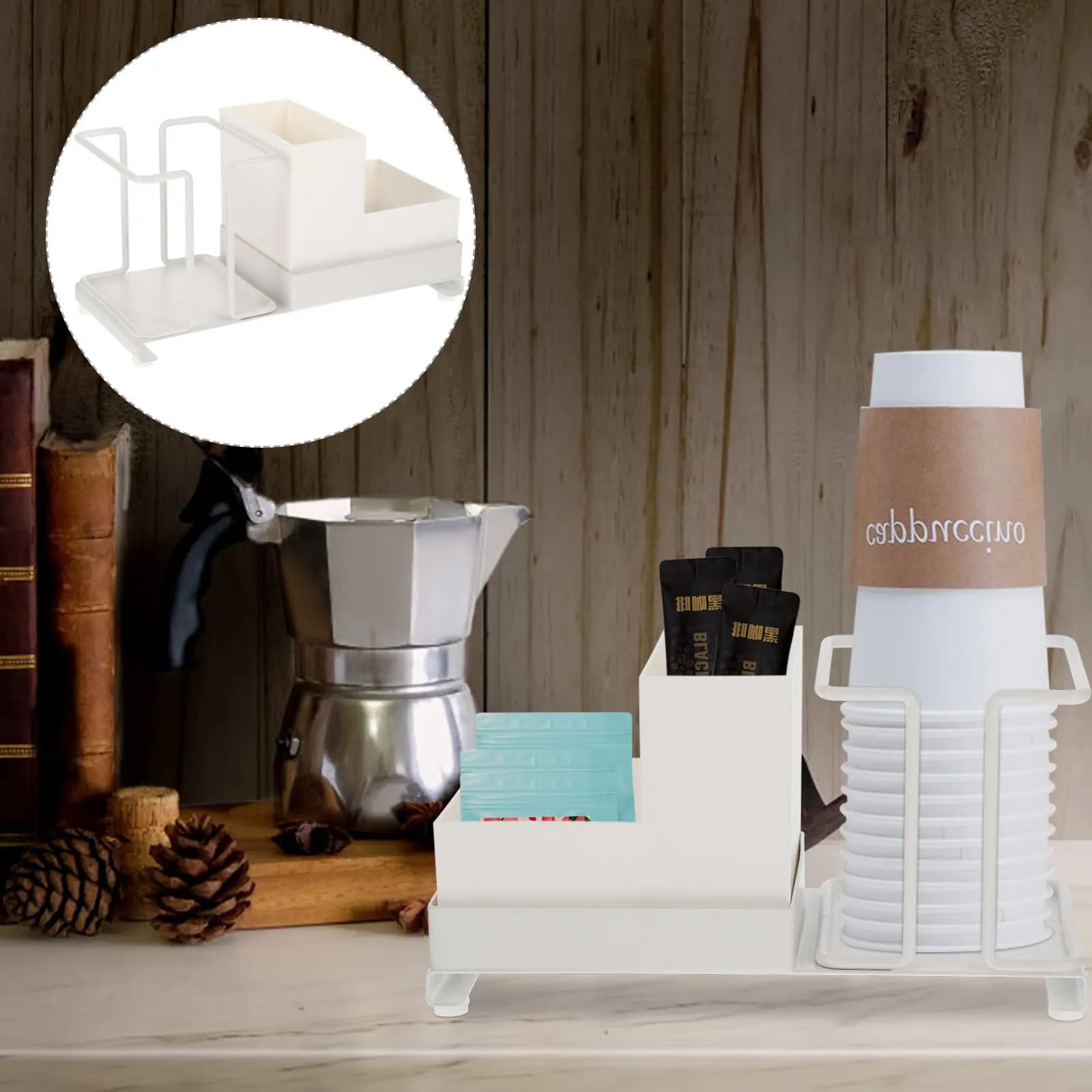 Disposable Paper Cup Holder with Multi Compartment Storage Box for Cups Tea Bags Sugar Elegant Carbon Steel Plastic Design