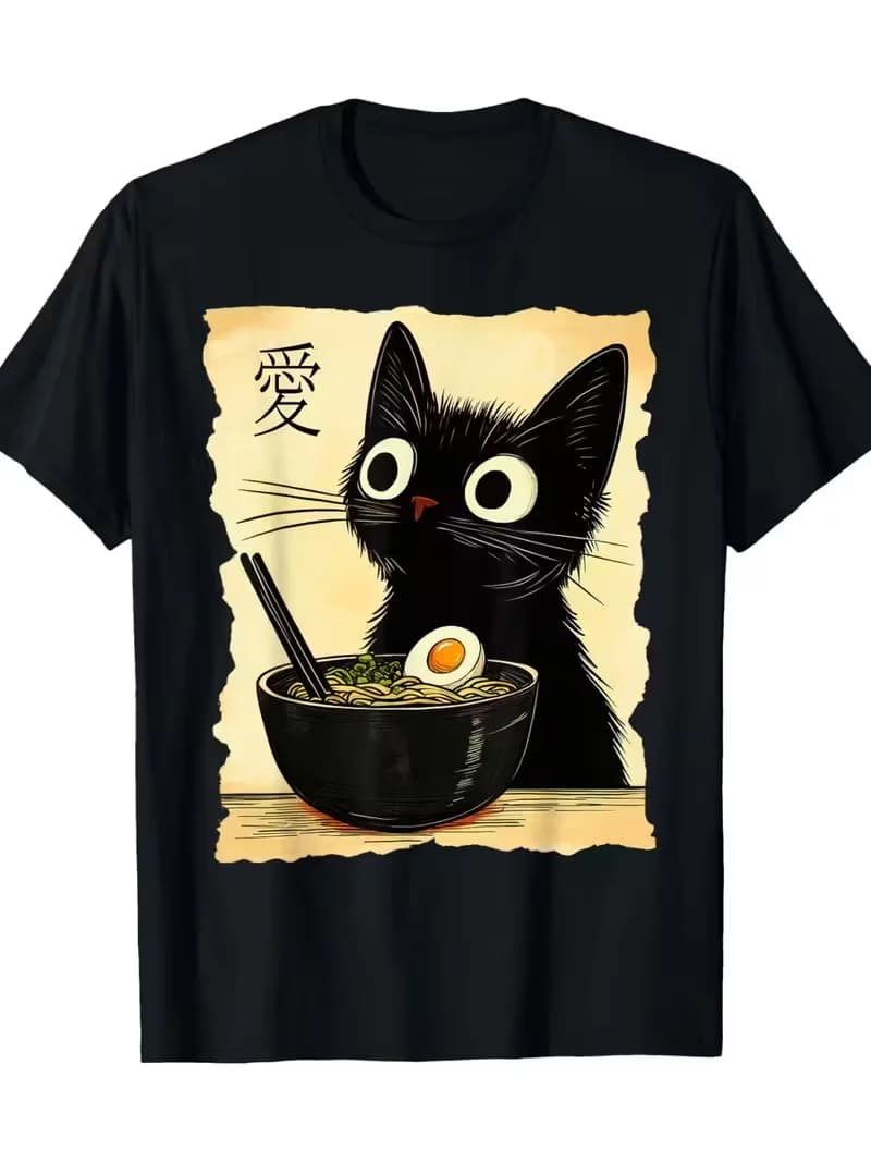 Vintage Distressed Japanese Ramen Black Cat T Shirt Retro Cute Anime Style Cat With Ramen Graphic Short Sleeve Tee For Men Women