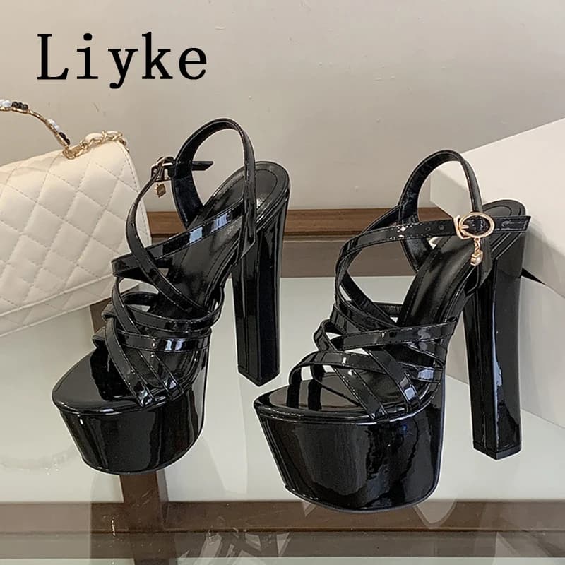 Liyke Moda Pelle Verniciata Fascia Stretta Cinturino Alla Caviglia Sandali Della Piattaforma Donne Sexy Peep Toe Grosso Tacchi Alti Banchetto di Nozze Scarpe