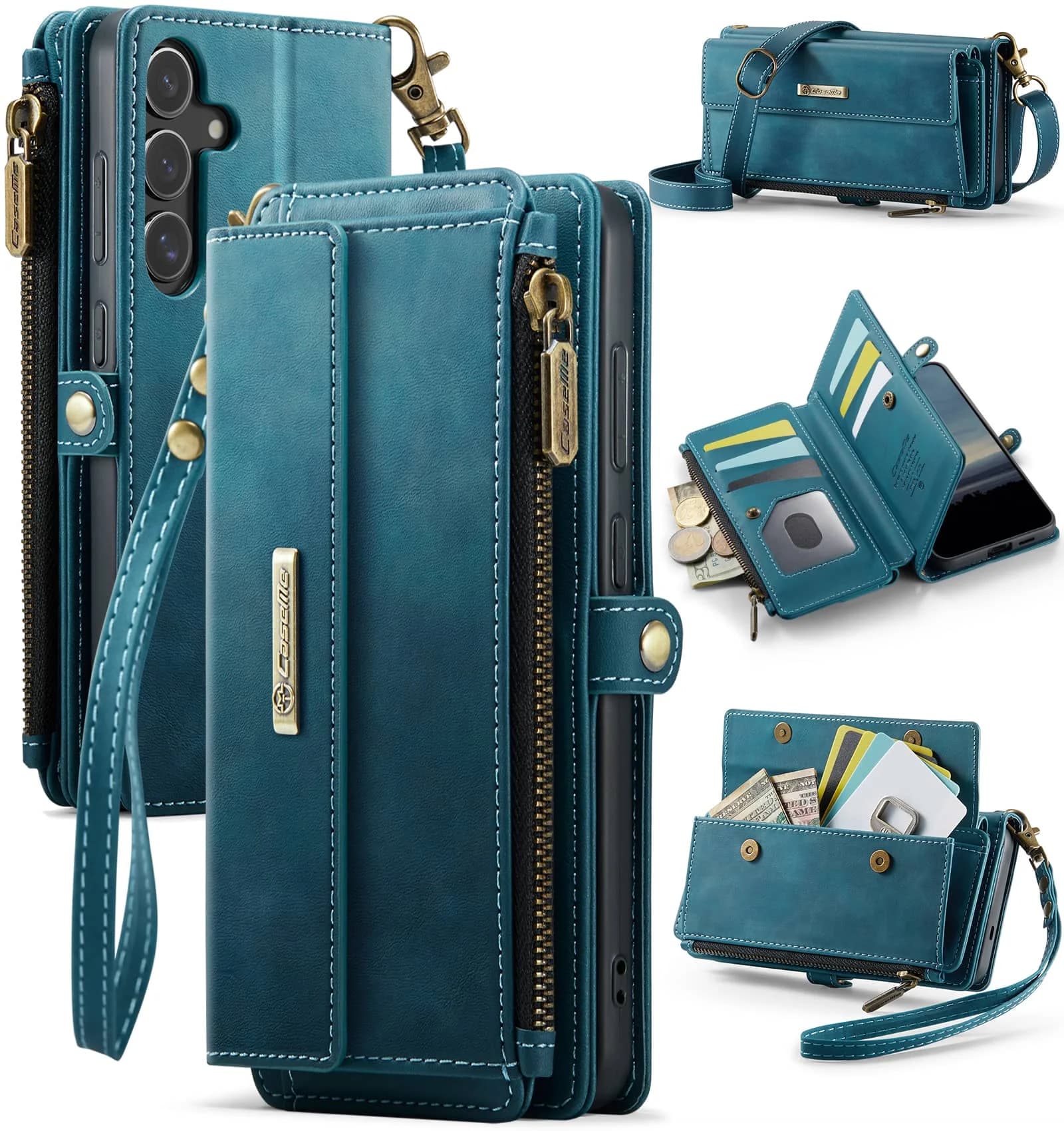 Custodia a Portafoglio per Samsung Galaxy S25 FE, in Pelle PU con Blocco RFID, Cover Flip con Cavalletto, Cinturino da Polso e Scomparti Porta Carte con Cerniera
