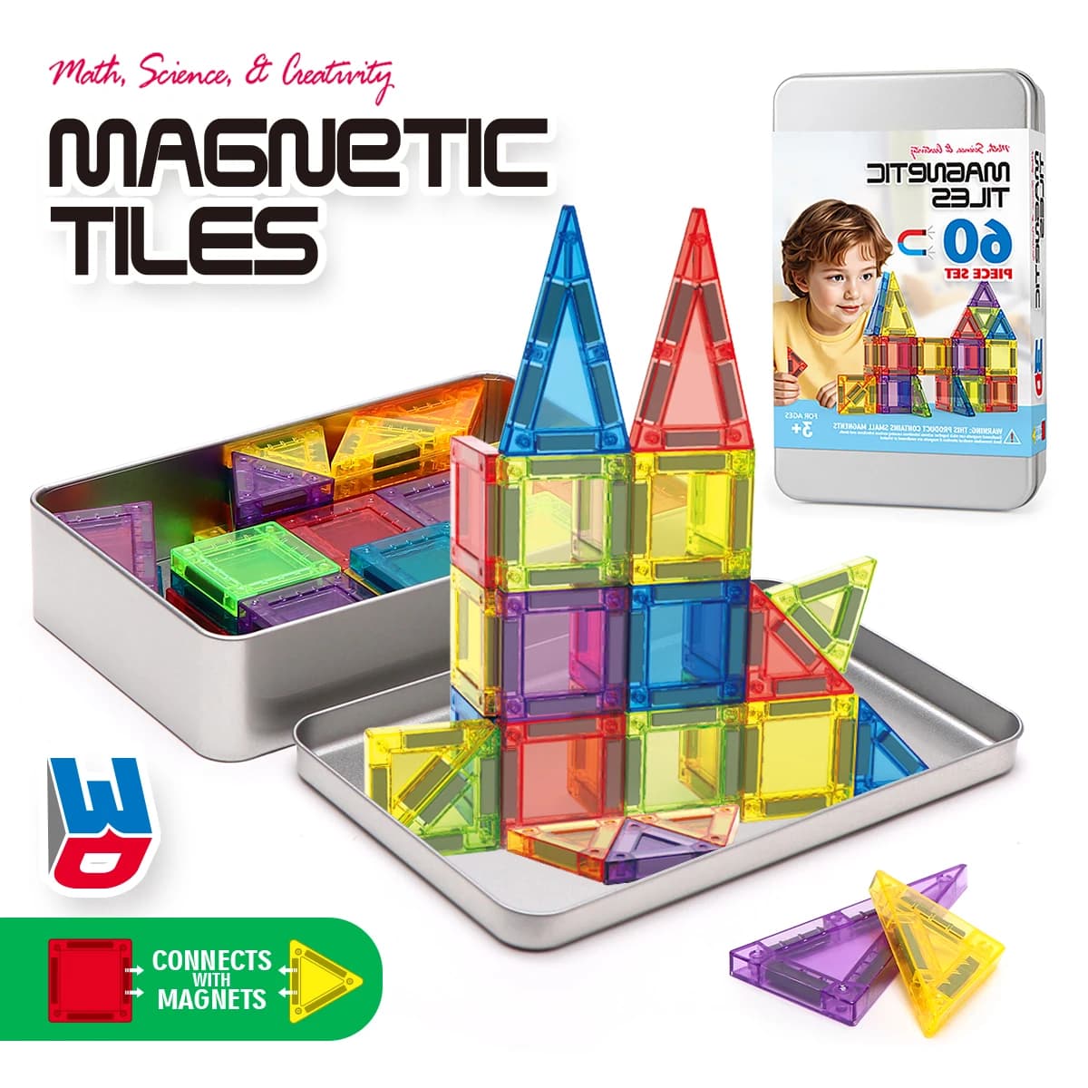 Set di Costruzioni Magnetiche 3D - 38/60 Pezzi Blocchi STEM con Contenitore per Gioco Creativo dei Bambini