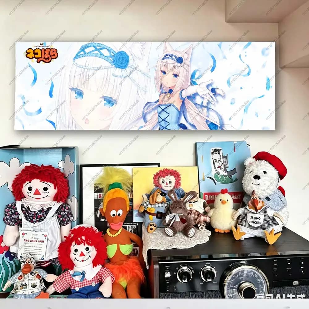N-Neko Paradise Inspired Vanilla Anime Tapestry Blue White Aesthetic Cat Girl Wall Banner Tapestry for Room Decoration Home