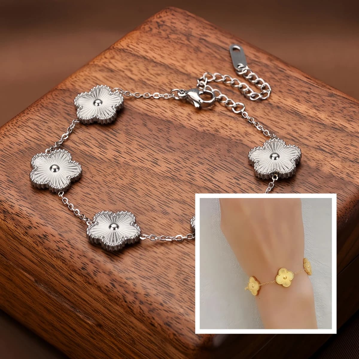 Bracciale di Lusso con Fiori, Delicato Bracciale Placcato Oro con Ciondolo Floreale, Gioiello Portafortuna Regolabile, Regalo per Donne e Ragazze, Resistente all'Ossidazione