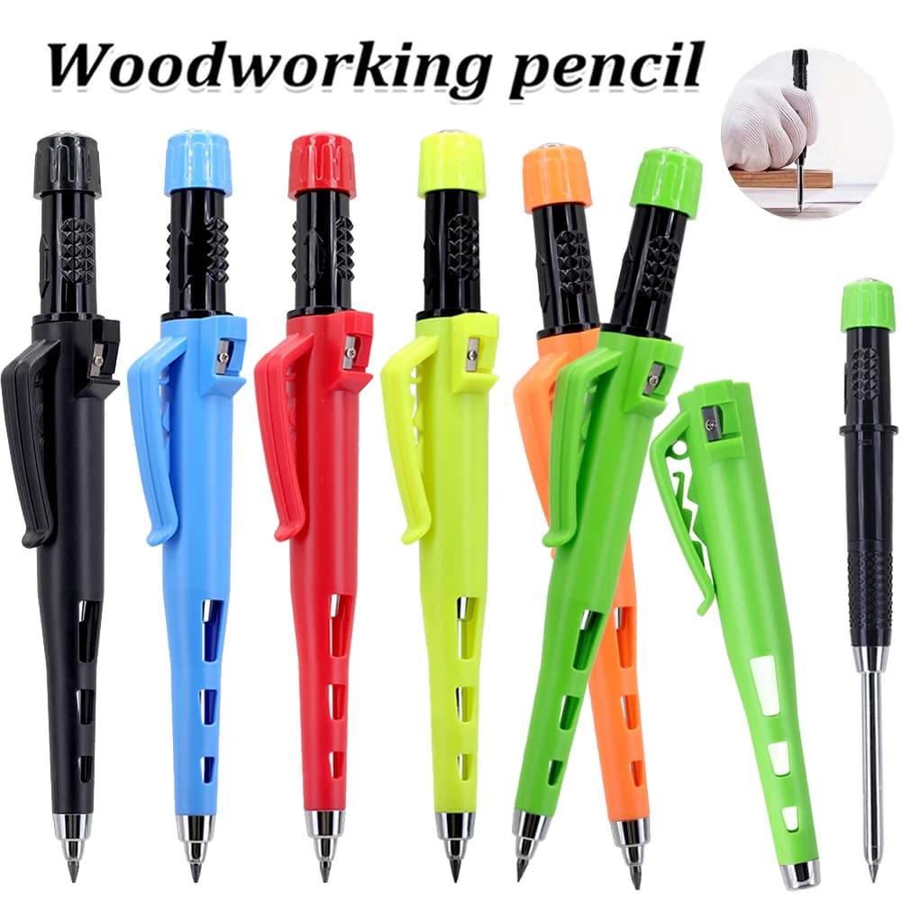 6pcs/set Creative 55mm Long Head Carpenters Mechanical Pencil Set With Pencil Cap, 2.8mm Woodworking Marking Pencil Drawing Tool