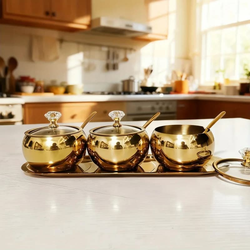 Set di 3 barattoli per condimenti in acciaio inossidabile, barattolo per spezie con coperchio e cucchiaio dorato, barattoli per condimenti con vassoio, set da cucina.