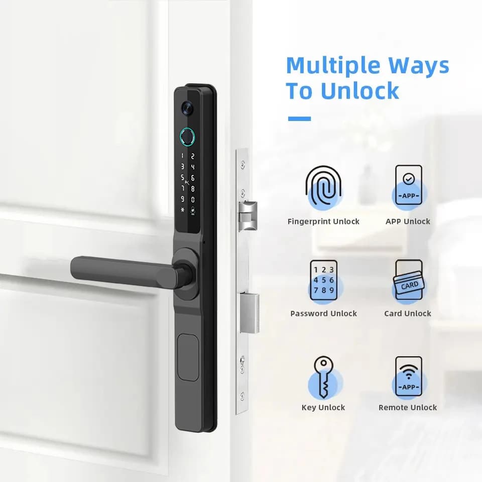 Tuya Wifi Smart Patio Door Handle Set with Cat Eye Camera - Waterproof Fingerprint & Password Keypad Digital Key Remote Lock