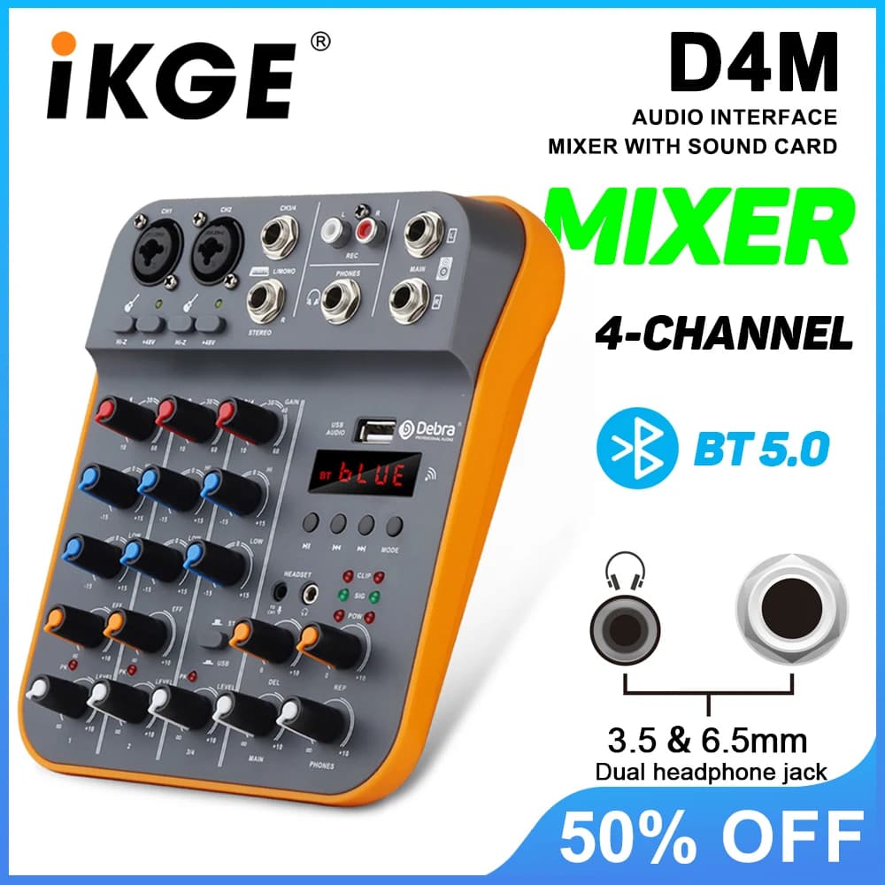 IKGE D4M Mini mixer audio a 4 canali, console DJ con scheda audio USB Reverb Bluetooth 5.0 48V per registrazione su PC, karaoke