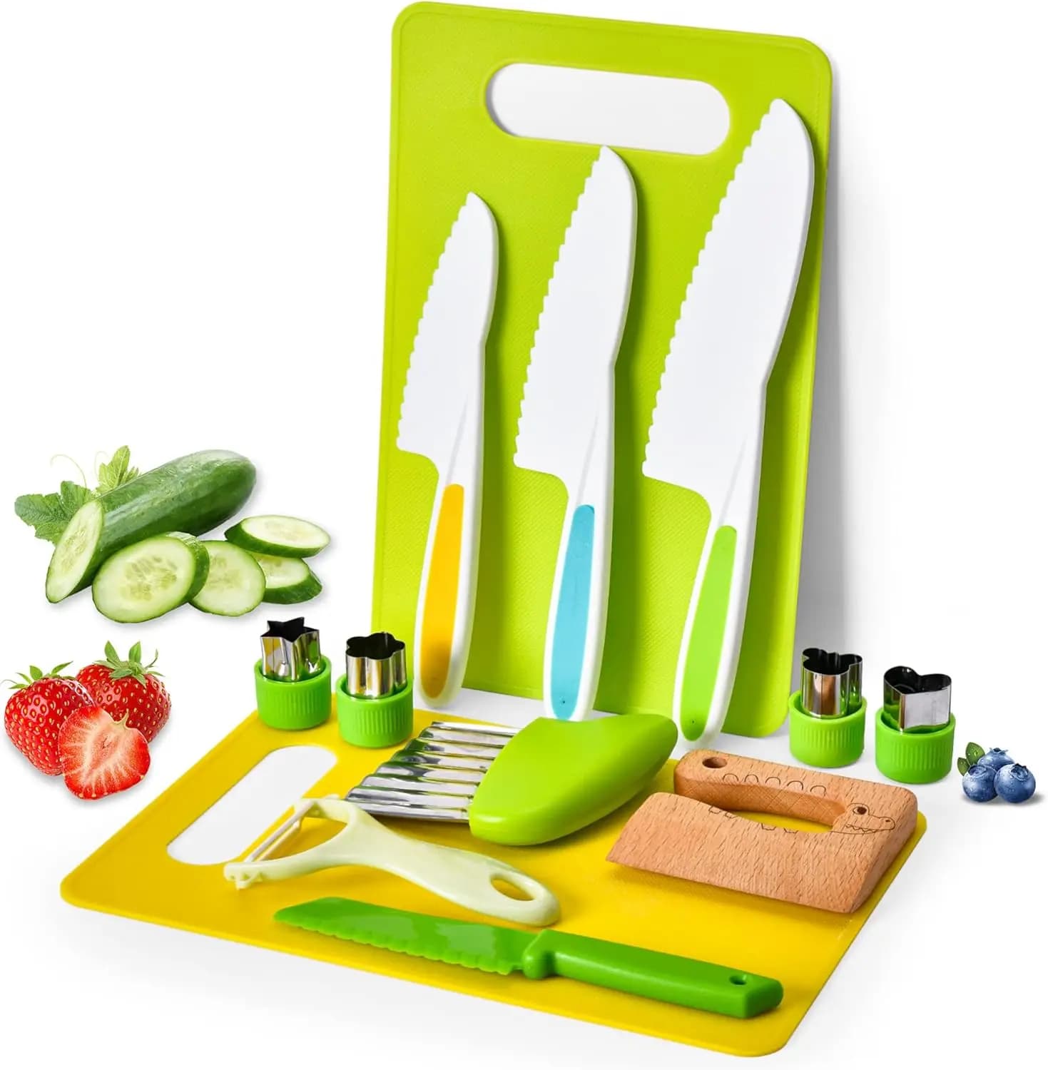 Set di 13 coltelli per bambini per cucinare davvero, coltello da cucina in legno, coltello per bambini con lama seghettata in plastica, tagliaverdure ondulato, pelapatate a Y, taglieri