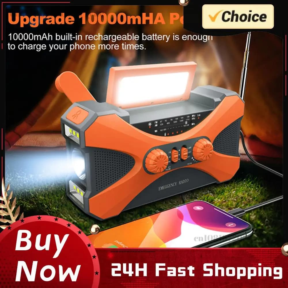 Radio Multifunzione di Emergenza Solare con Manovella 5000mAh 3.9W, Lettura AM/FM, SOS, Ricarica, Torcia LED di Emergenza, Power Bank