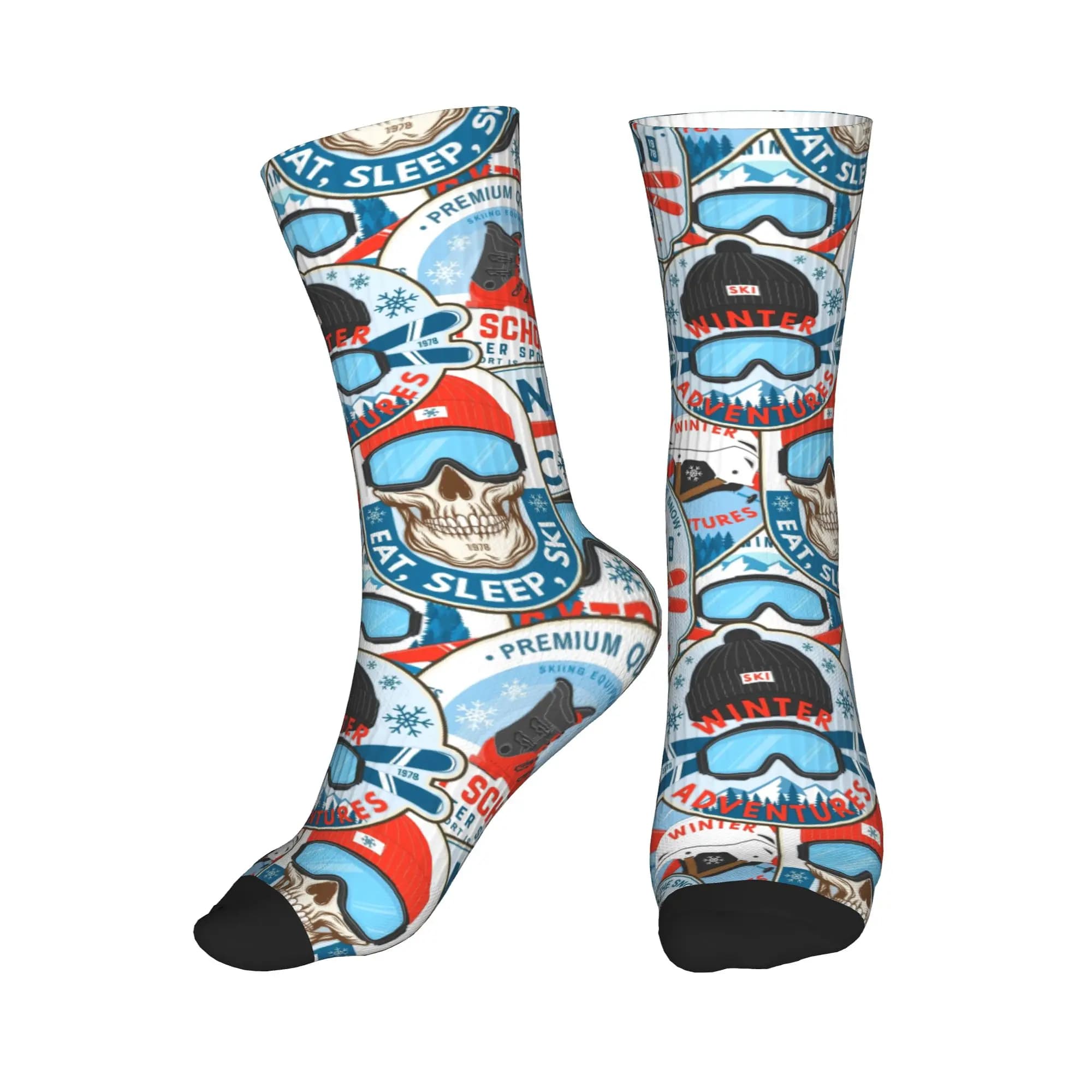 Vintage Red Blue Ski Club Seamless Print Dress Socks Men Women Warm Fashion Crew Socks