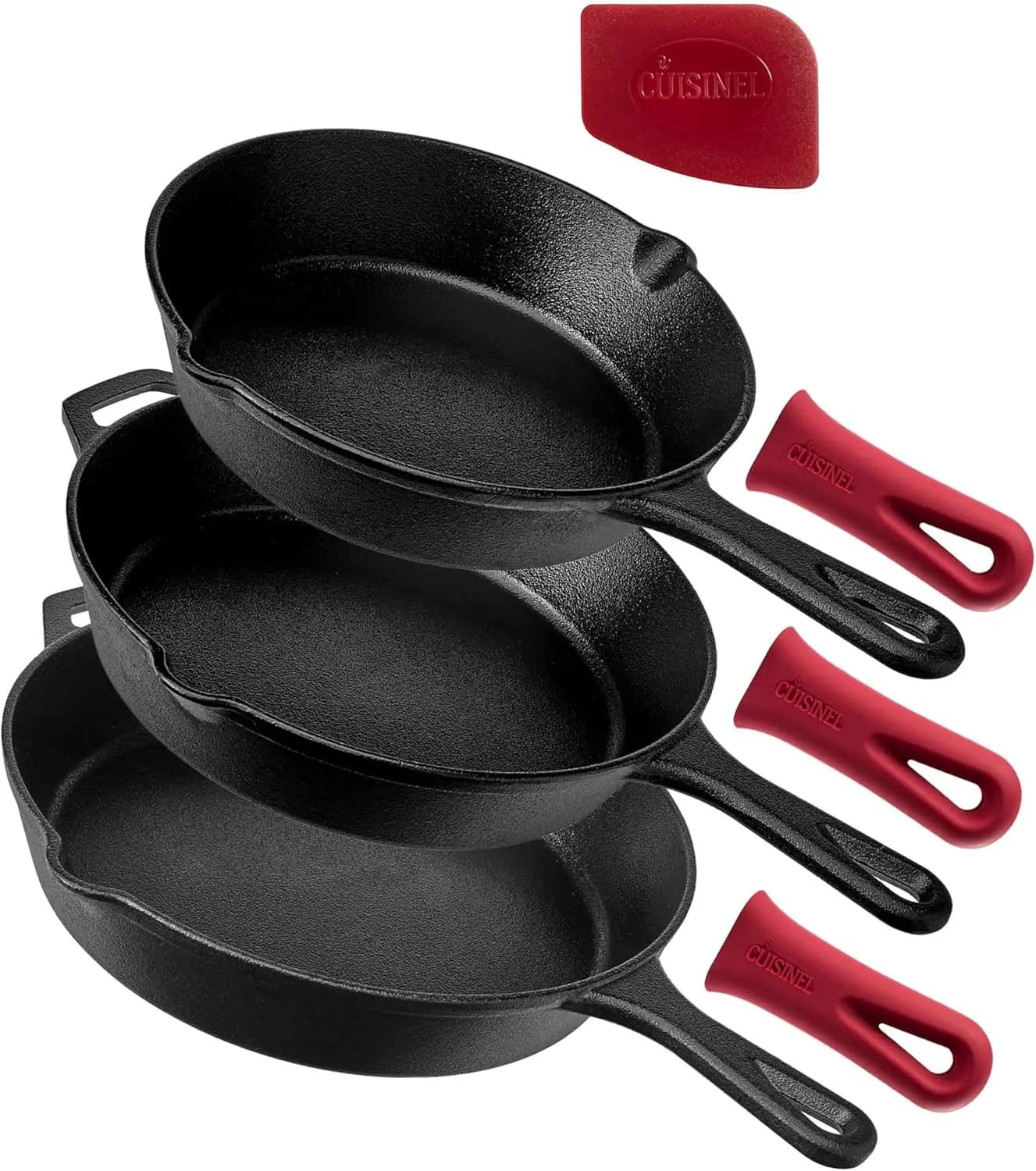 Set di Padelle in Ghisa - Padelle Pretrattate da 8, 10 e 12 Pollici + Coperture per Manici in Silicone - Per Uso Interno/Esterno, Forno