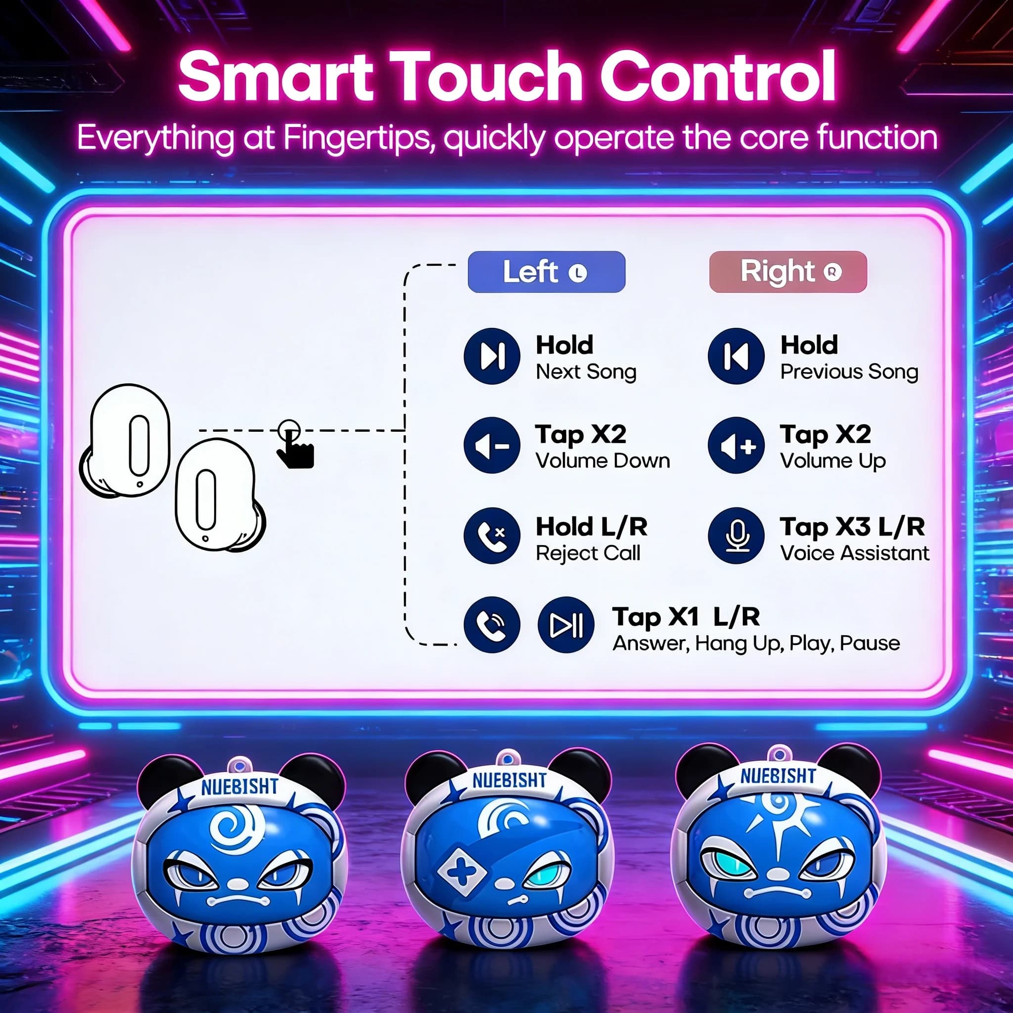 YEEMIX T01 New Wireless Gaming Headphones with Rotation and Face Change, Stereo Hi-Fi In-Ear Headphones with Touch Control for Xiaomi