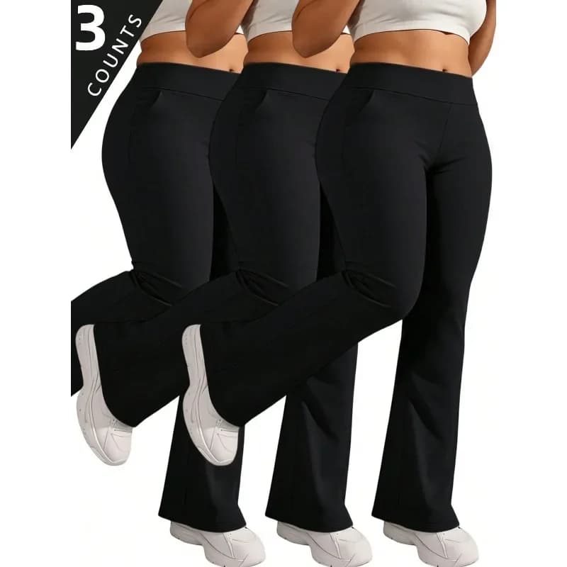 3-Pack Women's High Waist Solid Black Gray Red Flared Leggings With Side Pockets, Tummy Control Yoga Pants For Fitness, Running, Workout, Casual Daily Wear, Comfy Stretch Sport Pants