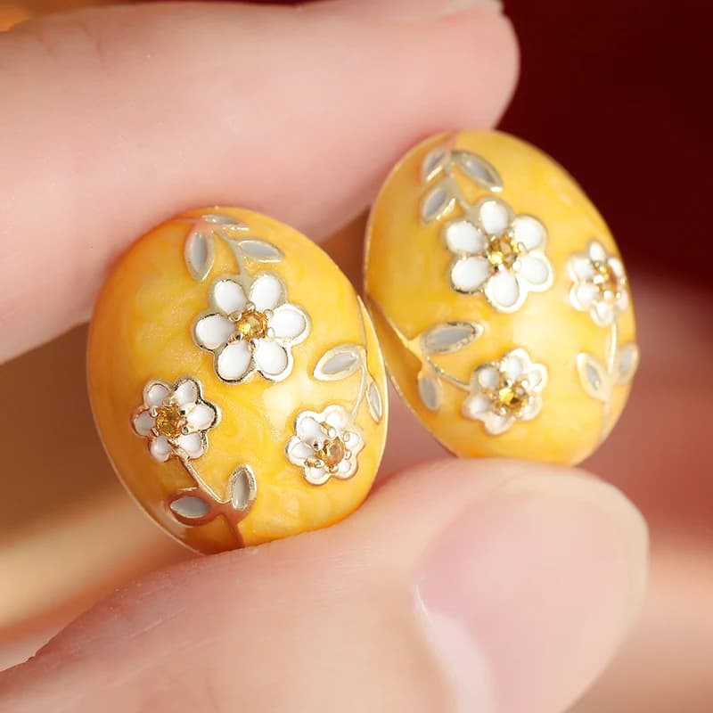 Elegant Delicate Oval Yellow Imitation Enamel Flower Stud Earrings Women Vintage Temperament Wedding Banquet Jewelry Accessories