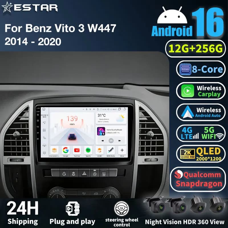 Autoradio Android 16 per Benz Vito 3 W447 2014-2020, Lettore Multimediale GPS, Navigatore, Carplay, Stereo, DSP, Telecamera 360, BT, RDS