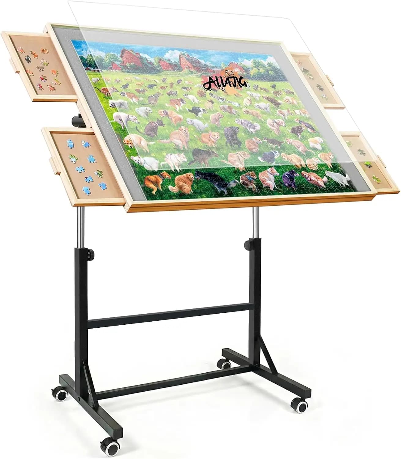 Tavolo per Puzzle da 1500 Pezzi con Gambe e Ruote, Tavolo in Legno per Puzzle con 4 Cassetti e Copertura, Altezza e Angolazione Regolabili per Adulti