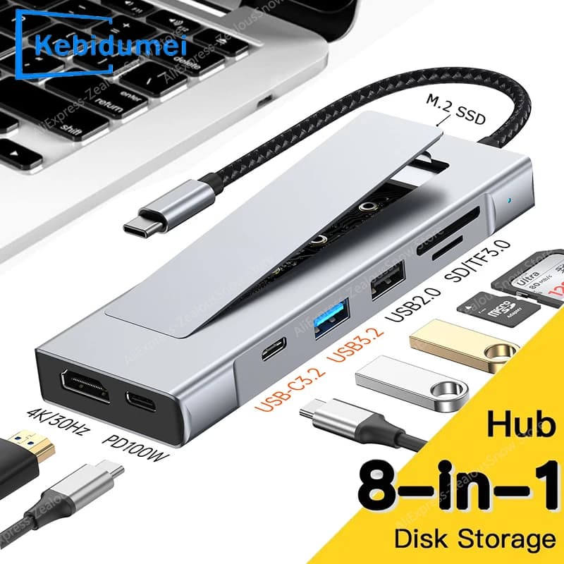 Hub USB 3.2 8 in 1 con funzione di archiviazione su disco M.2 SATA NVME SSD tipo C a lettore SD/TF splitter compatibile HDMI per MacBook Pro