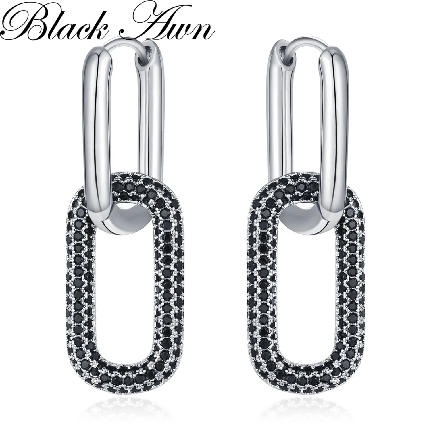 Black Awn Classic Silver Color Round Black Trendy Spinel Engagement Hoop Earrings for Women Jewelry Bijoux I324