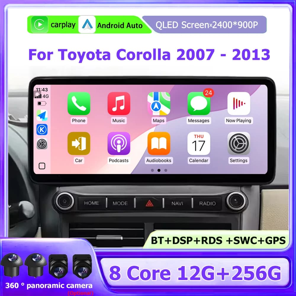 Autoradio Lettore Video Multimediale Navigazione GPS QLED Touch Screen Per Toyota Corolla 2007-2013 Android 16 CarPlay Bluetooth DSP